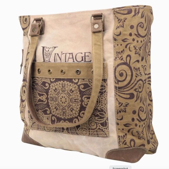 Vintage Flower Large Front Pocket Upcycled Canvas Tote Bag - Picture 2 of 4